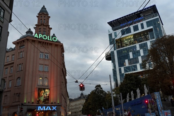 Vienna, Austria. October 15th 2024 The Haus Des Meeres Zoo and 360 Restaurant Building beside the Apollo iMax Cinema at night in Vienna, Capital of Austria