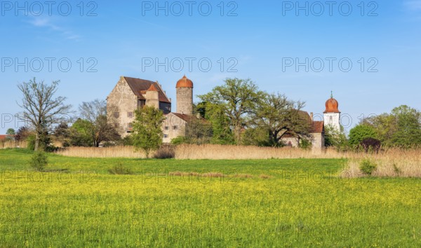 View over wildflower meadow at Sommersdorf Castle near Burgoberbach in the Altmühltal, Middle Franconia, Bavaria, Germany
