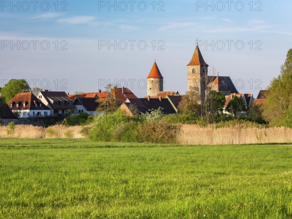View over a meadow in the Altmühltal valley to the historic old town of Ornbau in the evening light, Ornbau, Middle Franconia, Bavaria, Germany