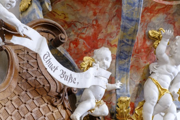 Putto, Angel, Busse tun, saying, St. Michael Parish Church, Bertoldshofen, Ostallgäu, Swabia, Bavaria, Germany