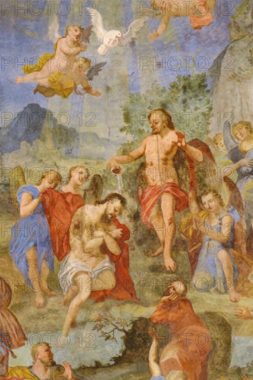 Baptism of Christ, fresco, St. Michael Parish Church, Bertoldshofen, Ostallgäu, Swabia, Bavaria, Germany