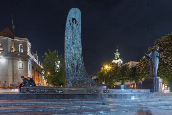 Nocturnal monument by Ukrainian poet and writer Taras Shevchenko, Lviv, Ukraine