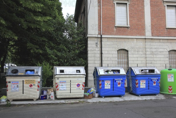 Waste separation, various dumpsters, Brescello, Emilia-Romagna, Italy