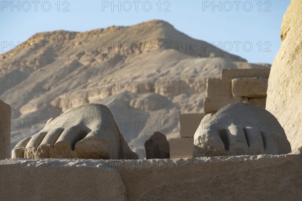 Luxor, Egypt. December 13th 2022 Part of a statue of the fallen Ozymandias Colossus, at the Ramesseum, a memorial temple for Pharaoh Ramesses II, made famous by the poet Percy Bysshe Shelley. Located on the West bank of the River Nile, Luxor, Egypt