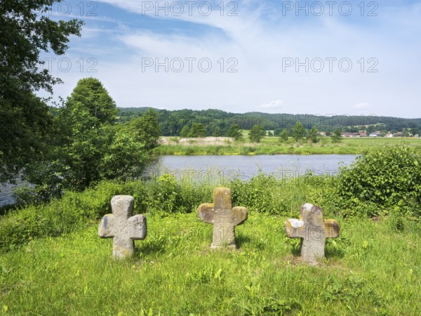 Group of three medieval stone crosses on the banks of the river Naab, Sühnekreuz, Mordkreuz, near Nabburg, Upper Palatinate, Bavaria, Germany