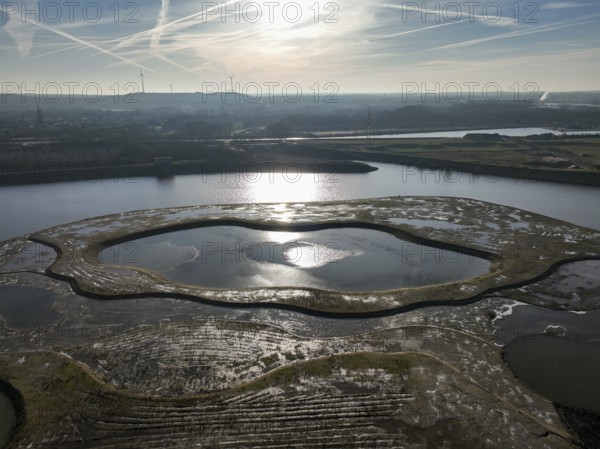 Haltern-Marl, North Rhine-Westphalia, Germany - Lippe, flood protection in the Haltern-Lippramsdorf-Marl area (HaLiMa) . Flood protection on the River Lippe by relocating the dyke and thus extending the floodplain. In front the completed floodplain north, the north dyke. Work is still underway on the south dyke
