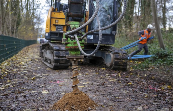 Castrop-Rauxel, North Rhine-Westphalia, Germany - Theme photo - Explosive soundings - Deep soundings are used to check dud suspicion points. 11-meter deep boreholes are secured with plastic pipes and borehole measurements of ferromagnetic suspicions are carried out with a probe