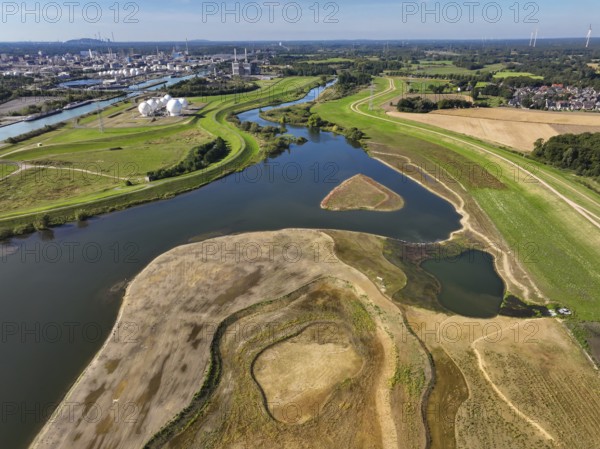 Haltern-Marl, North Rhine-Westphalia, Germany - Lippe, flood protection in the Haltern-Lippramsdorf-Marl area (HaLiMa) . Flood protection on the River Lippe by relocating the dyke and thus extending the floodplain. Marl Chemical Park at the back