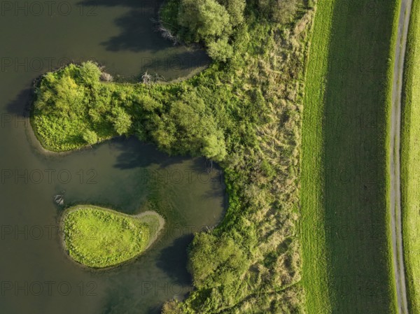 Haltern-Marl, North Rhine-Westphalia, Germany - Lippe, flood protection in the Haltern-Lippramsdorf-Marl area (HaLiMa) . Flood protection on the River Lippe by relocating the dyke and thus extending the floodplain. TopShot-Down