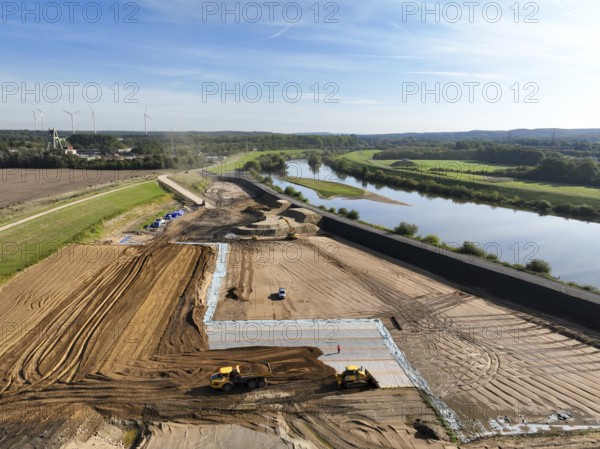 Haltern-Marl, North Rhine-Westphalia, Germany - Lippe, flood protection in the Haltern-Lippramsdorf-Marl area (HaLiMa) . Flood protection on the River Lippe by relocating the dyke and thus extending the floodplain. Rear left: excavation site of the former shaft 8 of the Auguste Victoria colliery