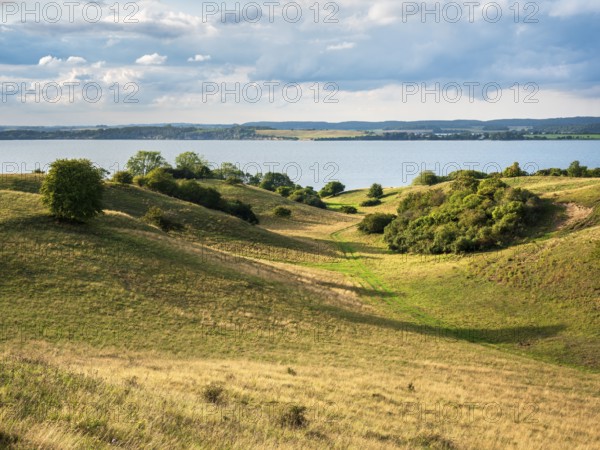Hilly landscape in the Zicker Mountains, including Zicker Alps, view over the lagoon landscape, Mönchgut nature reserve, Gross Zicker, Mönchgut peninsula, Rügen island, Mecklenburg-Western Pomerania, Germany