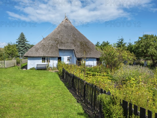 The thatched parish widow's house from 1719 with cottage garden, museum in Groß Zicker, Mönchgut peninsula, Rügen island, Mecklenburg-Western Pomerania, Germany