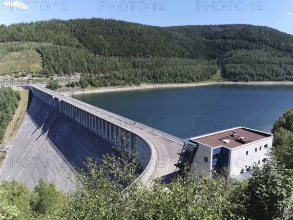 View from above of the Leibis Lichte dam in summer, energy generation in the Thuringia nature park Park