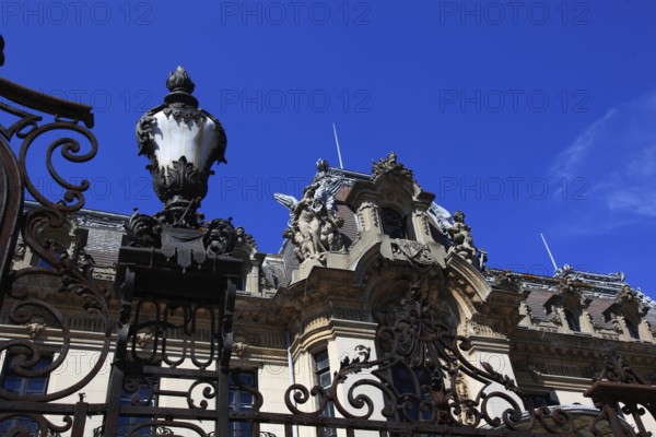 Romania, capital Bucharest, Bucuresti, roof decorations on the Cantacuzino Palace, the George Enescu Memorial Museum