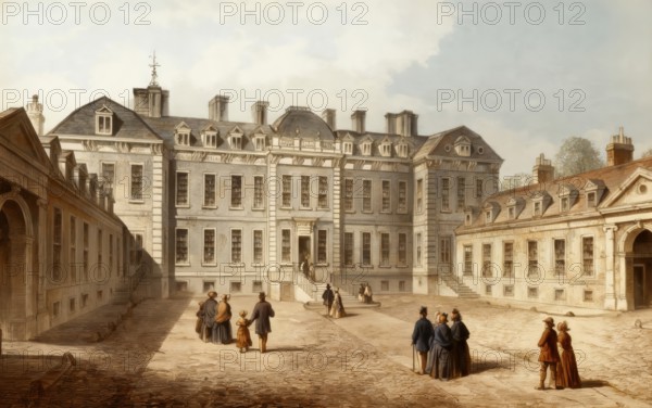 The Courtyard of Montagu or Montague House, 1830, the first home of the British Museum, a 17th-century mansion in Great Russell Street, Bloomsbury, London, England, United Kingdom