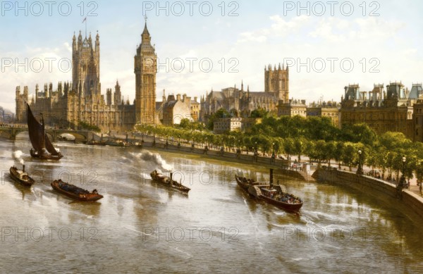 The Thames Embankment, 19th century, River Thames in central London, England, United Kingdom