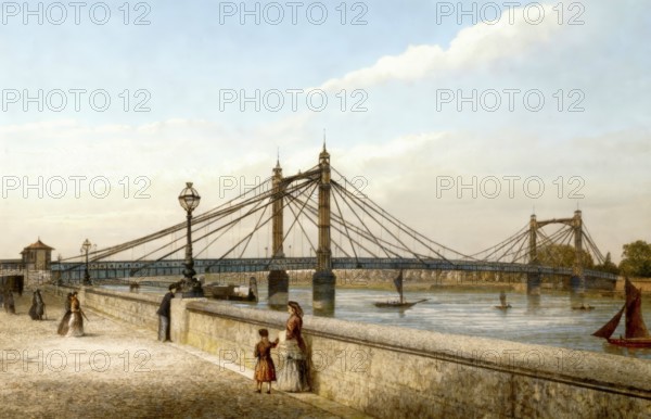 The Albert Bridge over the River Thames, 1880, West London, England, United Kingdom