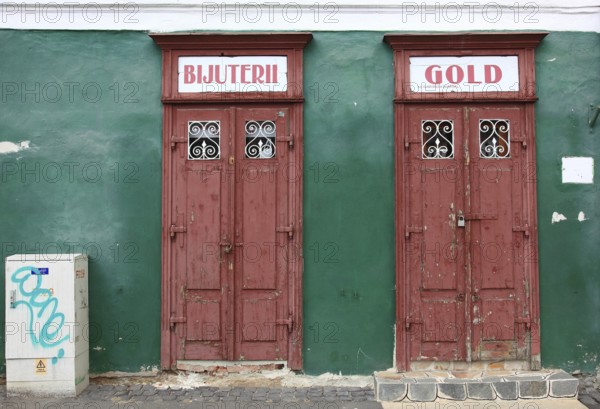 Closed doors of a jewelry store in the old town of Sibiu, Sibiu, in Transylvania, jewelry and gold, Romania