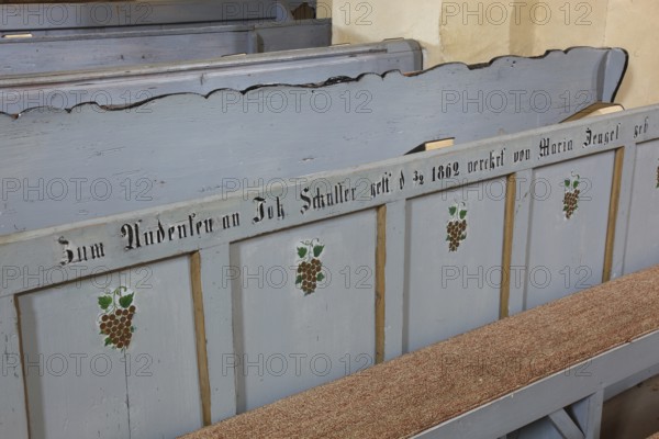 Municipality of Cristian, German Grossau, church pew with German-language lettering in the fortified church, Sibiu district in Transylvania, Romania