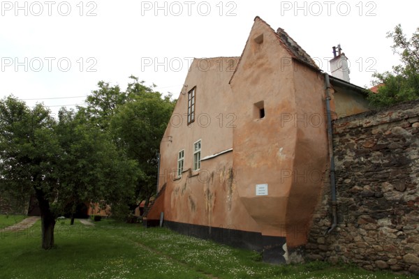 Municipality of Cristian, German Grossau, view of the fortified church from outside, here the plague pulpit, Sibiu district in Transylvania, Romania