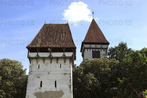 Gate tower of the fortified church in Agnita, German Agnetheln, Transylvanian-Saxon Ognitheln, a town in Sibiu district in Transylvania, Romania