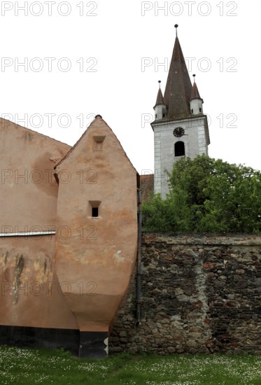 Municipality of Cristian, German Grossau, view of the fortified church from outside, here the plague pulpit, Sibiu district in Transylvania, Romania
