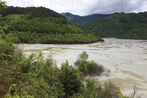 Romania, poisonous lake at the mining village of Rosia Montana, Goldbach, Geamana sedimentation basin, Valea Sesii, is considered one of the most serious man-made environmental disasters in Romania, heavily polluted with heavy metals and chemicals, municipality in the Alba district in Transylvania, artificial lake with poisonous contents