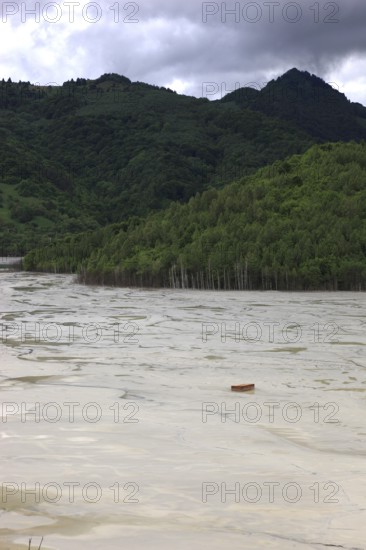 Romania, poisonous lake at the mining village of Rosia Montana, Goldbach, Geamana sedimentation basin, Valea Sesii, is considered one of the most serious man-made environmental disasters in Romania, heavily polluted with heavy metals and chemicals, municipality in the Alba district in Transylvania, artificial lake with poisonous contents