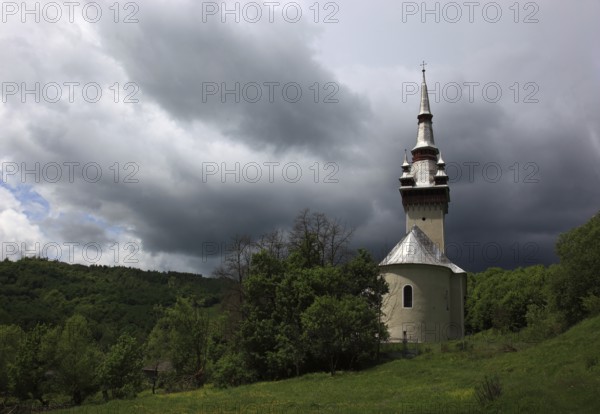 Rosia Montana mining village, Goldbach, historically important community known for its ancient Roman gold mines and the long-standing conflict over a planned open-cast mining project, village church, chapel, community in Alba district in Transylvania, Romania