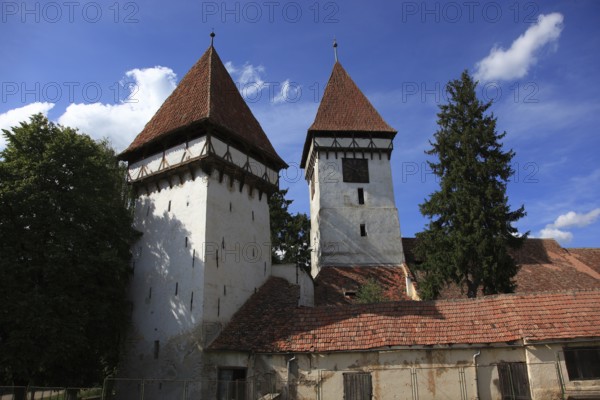 Guild tower of the fortified church in Agnita, German Agnetheln, Transylvanian-Saxon Ognitheln, a town in Sibiu district in Transylvania, Romania