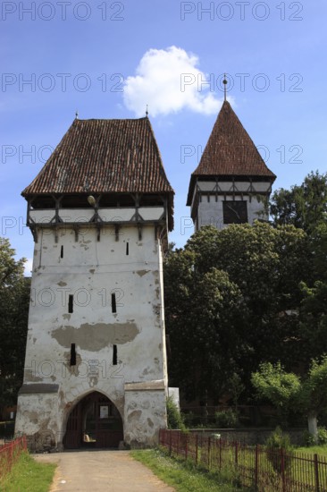 Gate tower of the fortified church in Agnita, German Agnetheln, Transylvanian-Saxon Ognitheln, a town in Sibiu district in Transylvania, Romania
