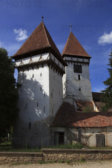 Guild tower of the fortified church in Agnita, German Agnetheln, Transylvanian-Saxon Ognitheln, a town in Sibiu district in Transylvania, Romania