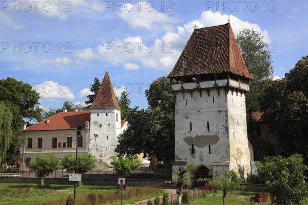 Gate tower of the fortified church in Agnita, German Agnetheln, Transylvanian-Saxon Ognitheln, a town in Sibiu district in Transylvania, Romania