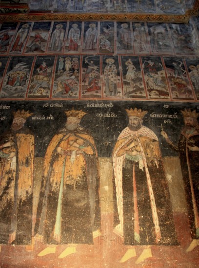 Votive panel, donor painting, in the Great Church of the Princes, Biserica Mare Domneasca, The fresco shows a series of Wallachian rulers, voivodes. The identifiable figures include Petru Cercel (the builder of the church) and Constantin Brâncoveanuin, Târgoviste, Romania