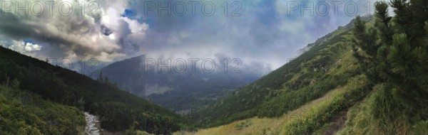 Panoramic view of mountainous landscape with a rocky path, dramatic sky and illuminated, lush vegetation, hiking in the High Tatras National Park, Carpathian Mountains, Poland