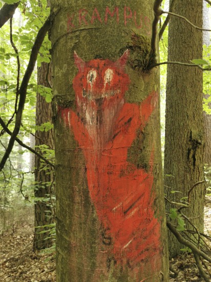 Tree trunk in the forest painted with red depiction of Krampus, Frankenwald nature park Park