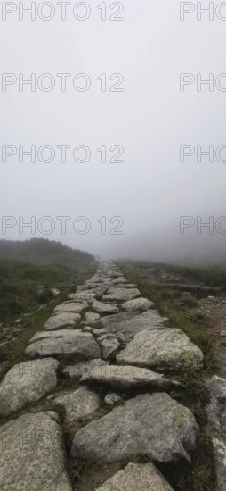 Rocky trail through misty landscape with harsh, mystical ambiance, Zakopane, hiking to Kasprowy Wierch in the High Tatras National Park, Carpathian Mountains, Poland
