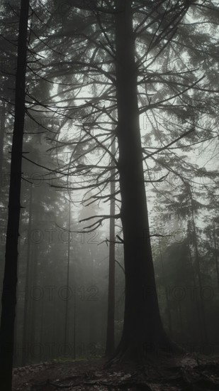 Gloomy forest scene with a large tree in the foreground, covered in fog and shadow, Zakopane, hiking to Kasprowy Wierch in the High Tatras National Park, Carpathian Mountains, Poland