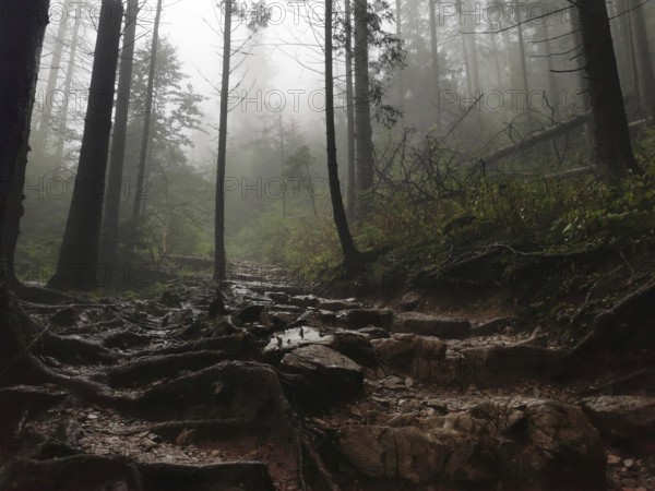 Mystical forest trail full of roots and stones in fog surrounded by tall trees, Zakopane, hiking to Kasprowy Wierch in the High Tatras National Park, Carpathian Mountains, Poland