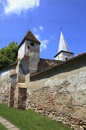 Part of the fortified church of Mosna, outer wall, German Meschen or Mäschen, community in Sibiu district in Transylvania, Romania
