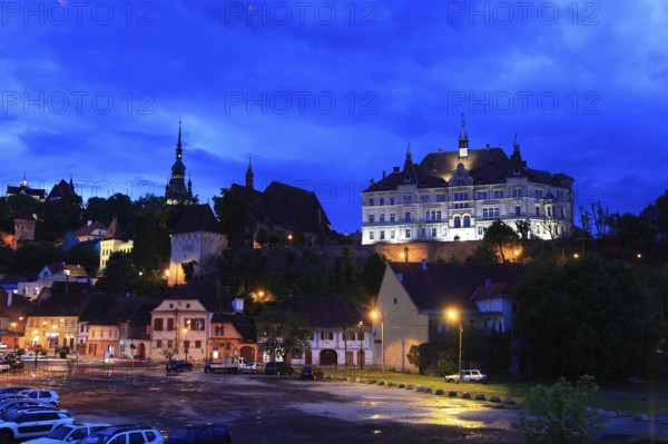 Romania, view of the town hall, monastery church and hour tower in the historic old town of Sighisoara, German Sighisoara, town in Mures district in Transylvania, UNESCO World Heritage Site