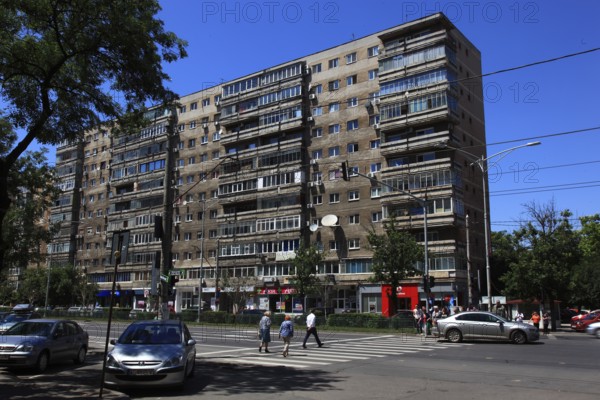 Romania, capital Bucharest, Bucuresti, old prefabricated buildings in Ceausescu style in the center of the city