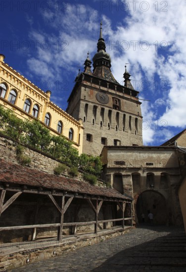 Romania, hour tower in the historic old town of Sighisoara, German Sighisoara, town in Mures district in Transylvania, UNESCO World Heritage Site