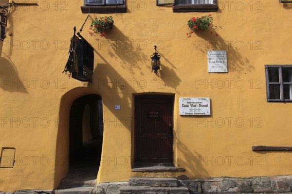 Romania, the house façade of Vlad Tepes' birthplace in the historic old town of Sighisoara, German Sighisoara, town in Mures district in Transylvania, UNESCO World Heritage Site