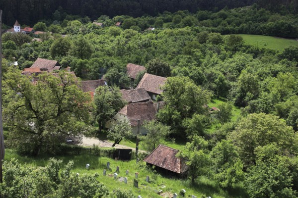 Romania, view from the fortified church of the fortified church and houses of Viscri, German Deutsch-Weisskirch a town in the district of Brasov, Transylvania, UNESCO World Heritage Site