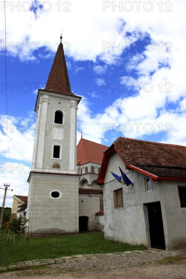 Romania, church tower of the fortified church in the village of Klosdorf, Romanian Cloasterf, Mieresch district, Mures, Transylvania