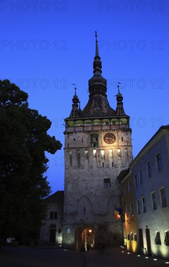Romania, hour tower in the historic old town of Sighisoara, German Sighisoara, town in Mures district in Transylvania, UNESCO World Heritage Site