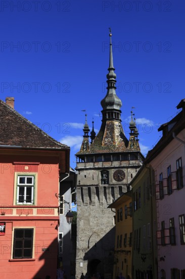 Romania, the hour tower in the historic old town of Sighisoara, German Sighisoara, town in Mures district in Transylvania, UNESCO World Heritage Site
