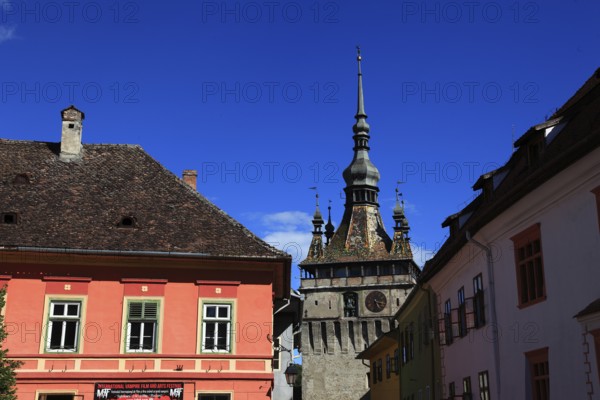 Romania, the hour tower in the historic old town of Sighisoara, German Sighisoara, town in Mures district in Transylvania, UNESCO World Heritage Site