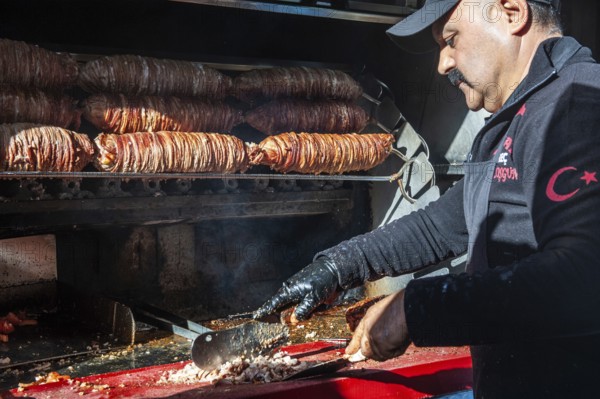 Istanbul, Turkey. December 26th 2018 Kokoreç is a traditional Turkish street food, made from small and large intestine and sweetbreads and eaten as a sandwich